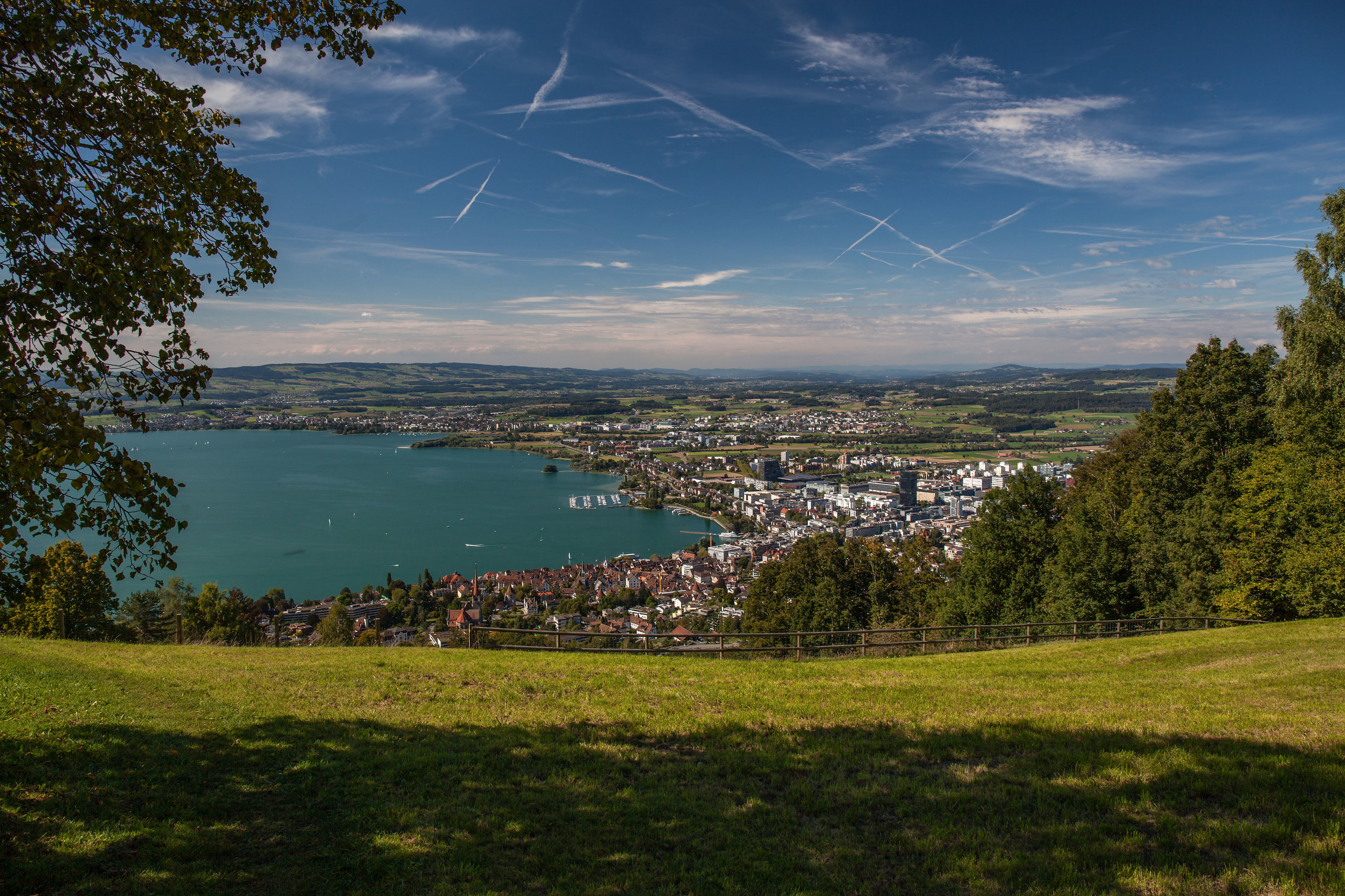 Das Bild zeigt den Zugersee mit Häusern und der Natur rundherum