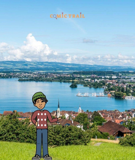 Comicfigur mit Zug als Hintergrund