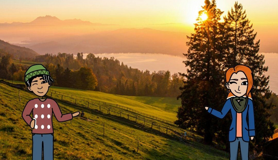 Comicfiguren mit Zugerberg Landschaft als Hintergrund